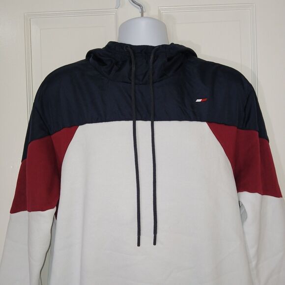 Tommy Hilfiger Hoodie Men's XL Color Block Navy Red White Pullover Sweatshirt - Picture 4 of 16